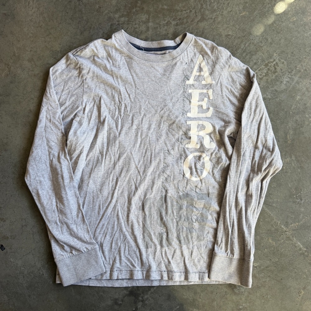 Y2K 2000s Aeropostale Spellout Graphic Long Sleeve Shirt Gray Mens L (20x26)